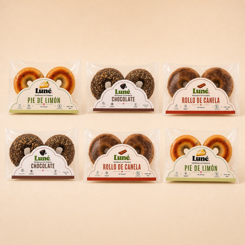 Pack x6 de Luné: seis bolsas selladas, dos de cada sabor, doce minidonas
