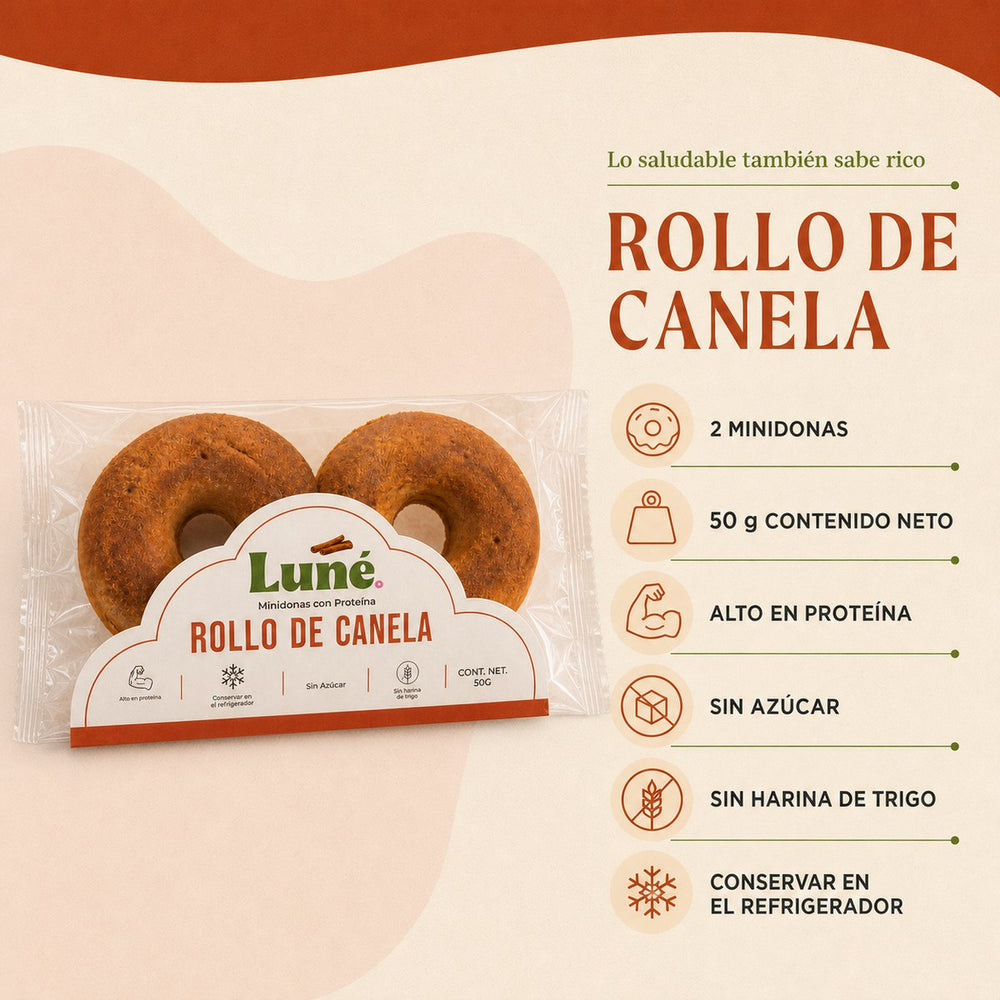 Ficha del empaque de rollo de canela: 2 minidonas, 50 g de contenido neto, con proteína, sin azúcar añadida, sin harina de trigo, conservar refrigerado