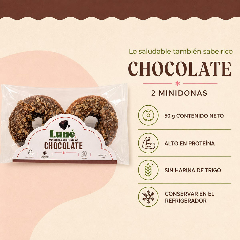 Ficha del empaque de chocolate: 2 minidonas, 50 g de contenido neto, con proteína, sin harina de trigo, conservar refrigerado