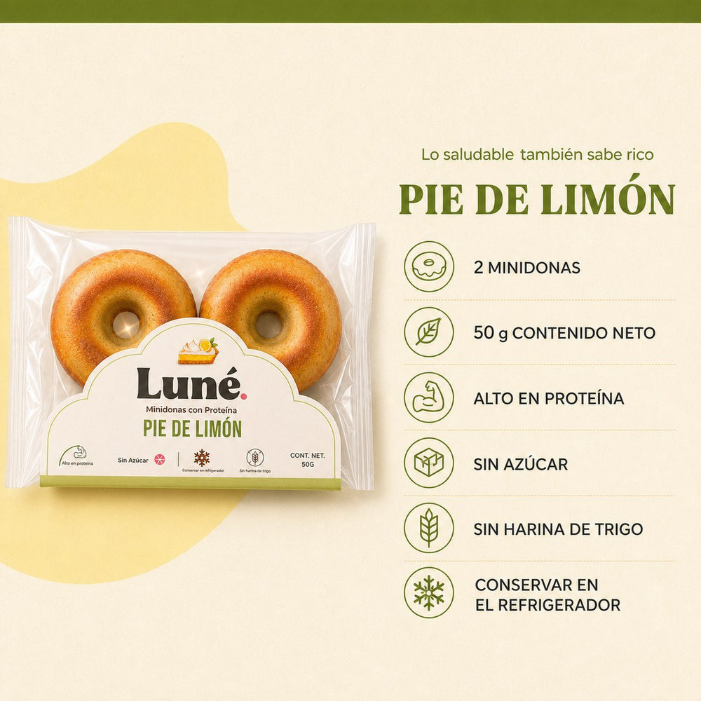 Ficha del empaque de pie de limón: 2 minidonas, 50 g de contenido neto, con proteína, sin azúcar añadida, sin harina de trigo, conservar refrigerado